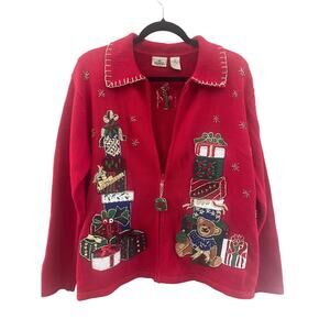 RedHead Red Holiday Embroidered Zip-Front Cardigan Sweater